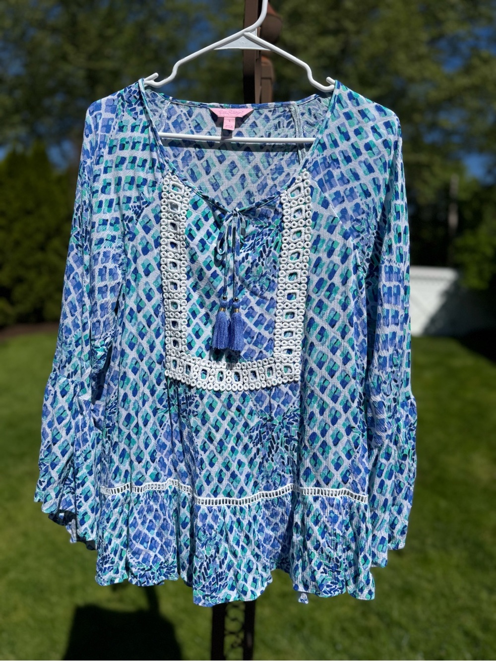 Lilly Pulitzer Blue & Teal Patterned Women's Peasant Top with Tassel Tie